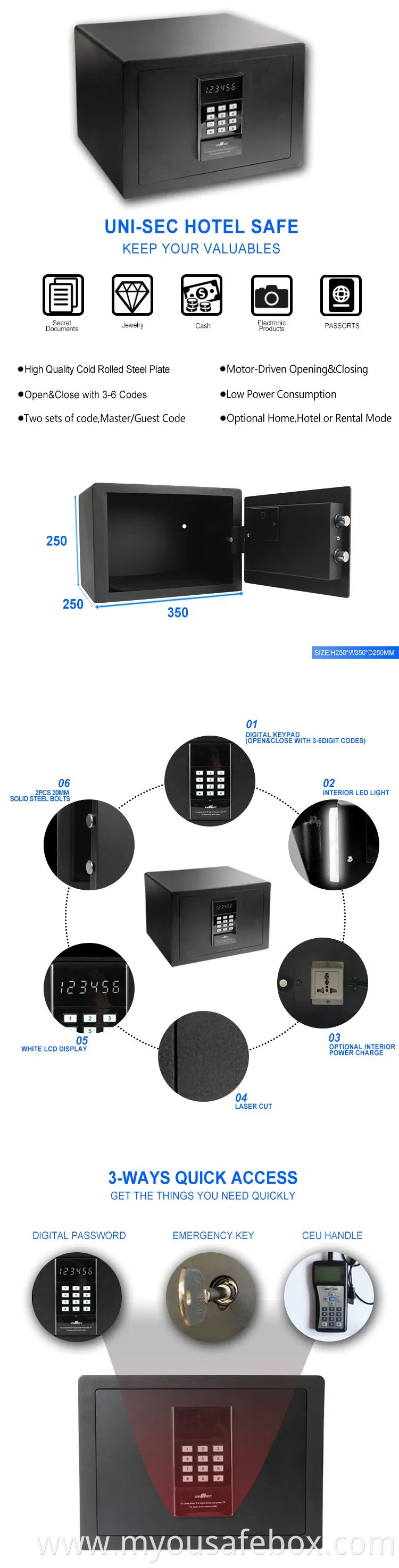 Hotel Room Safe with Memory Electronic Digital Keypad Lock for Security Safe Box with Internet (USS-2535CAS)